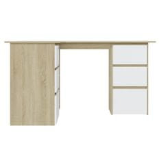 Vidaxl Kotna pisalna miza bela in sonoma hrast 145x100x76 cm
