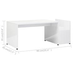 shumee Klubska mizica visok sijaj bela 90x45x35 cm iverna plošča