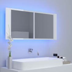 Greatstore LED kopalniška omarica z ogledalom visok sijaj bela 100x12x45cm