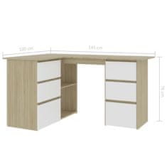 Vidaxl Kotna pisalna miza bela in sonoma hrast 145x100x76 cm