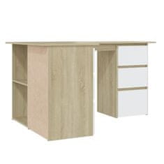 Vidaxl Kotna pisalna miza bela in sonoma hrast 145x100x76 cm