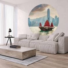 shumee WallArt Okrogla stenska poslikava Skyline z junk boat, 190 cm