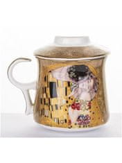 ZAKLADNICA DOBRIH I. Porcelan-lonček s kovinskim cedilom in pokrovom-dekor Klimt Poljub