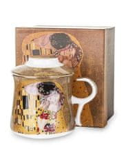 ZAKLADNICA DOBRIH I. Porcelan-lonček s kovinskim cedilom in pokrovom-dekor Klimt Poljub