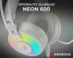 Genesis NEON 600 gaming slušalke z mikrofonom, Stereo 2.0, RGB LED osvetlitev, pleten USB kabel, bele