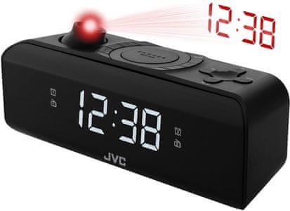 klasična radijska budilka JVC RA-E211B, AM/FM tuner, enostavno upravljanje,  vgrajen zvočnik, dremež, budilka za spanje z 2 časoma zbujanja