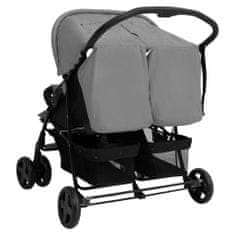 shumee Otroški voziček za dvojčke svetlo siv jeklen