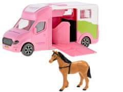 Kids Globe Kovinski avto za prevoz konjev, 20 cm, roza barve, na baterije, s svetlobo in zvokom, s konjem