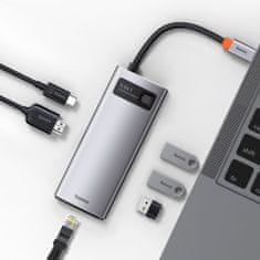 BASEUS Metal Gleam HUB adapter USB-C - USB-C, 3x USB, HDMI, RJ45, siva