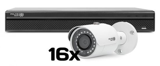 POLICEtech Video nadzorni sistem komplet paket 24 kanalni HD snemalnik + 16x kamera (3840x2160) - 25fps / vidni kot 105° / nočni domet do 30m / Brezplačna aplikacija za telefon XVR1601-8M-X + Q4-B8301S /16