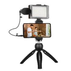 Puluz Live Vlogger stojalo za mobilni telefon + LED luč in mikrofon, črna