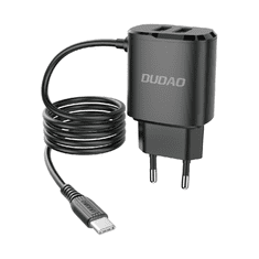 DUDAO 2x USB omrežni polnilnik z integriranim kablom USB Type C 12 W črn (A2ProT black)