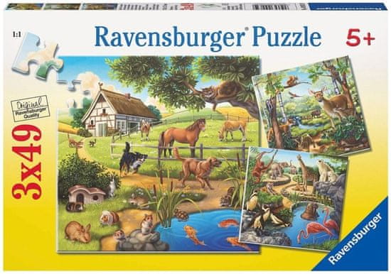 Ravensburger Puzzle Živali v gozdu, živalskem vrtu in na kmetiji 3x49 kosov