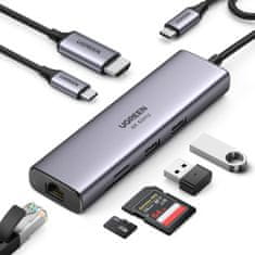 Ugreen CM512 HUB adapter USB-C - 2x USB 3.2 / HDMI 4K / SD TF / USB-C PD 100W / RJ45, siva