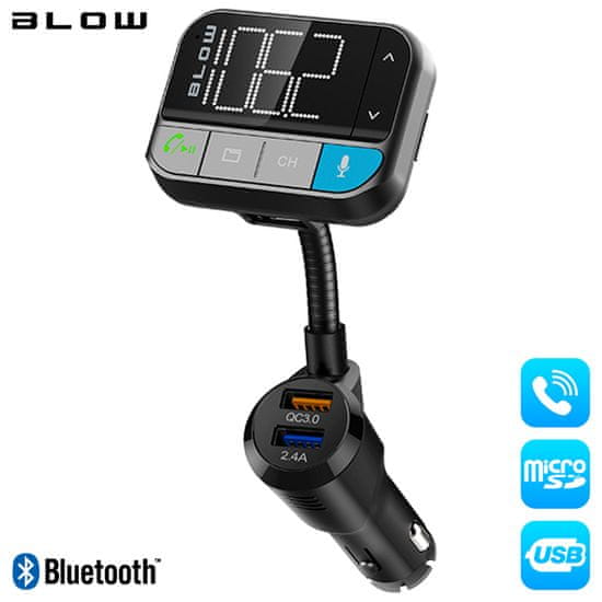 Blow FM oddajnik 74-165, Bluetooth 5.0, polnilec Quick Charge 3.0, MicroSD in prostoročno telefoniranje (FM-BL-TRANSMITER-74-165)