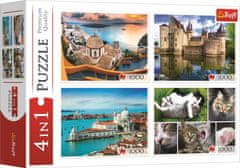 Trefl Puzzle Santorini, Benetke, grad Sully-sur-Loire a Mačke 4x1000 kosov