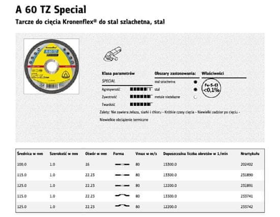 KLINGSPOR Disk za rezanje kovin 115Mm X 1,0Mm X 22,2Mm A60 Tz Special