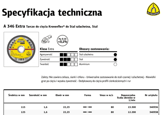 KLINGSPOR Disk za rezanje kovin 115Mm X 1,6Mm X 22,2Mm A346 Extra