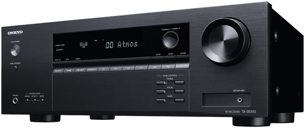 močan omrežni av sprejemnik onkyo tx-sr393 5.2 kanalni 155 w moč hd formati dolby atmos dts: x dolby atmos višina dts virtualni dolby surround dts neural upmixing 4 hdmi vhodi 1 hdmi izhod 4k/60p hdcp2,2 hdr hlg bt.2020 arc akustična kalibracija sobe Accueq bluetooth am fm radijski sprejemnik 2 coni