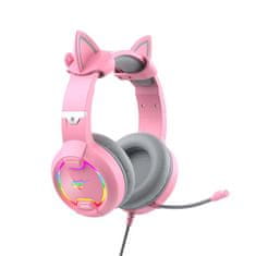 Havit Gamenote H2233d RGB gaming slušalke z mačjimi ušesi, roza