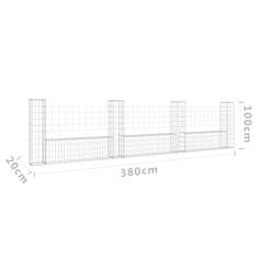 Vidaxl Gabion košara U-oblike s 4 stebri železo 380x20x100 cm