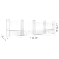 Vidaxl Gabion košara U-oblike s 5 stebri železo 500x20x150 cm