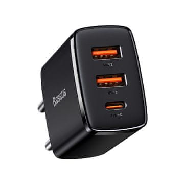 BASEUS Compact polnilnik 2x USB / 1x USB-C 3A 30W PD QC, črna