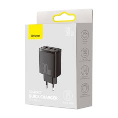 BASEUS Compact polnilnik 2x USB / 1x USB-C 3A 30W PD QC, črna