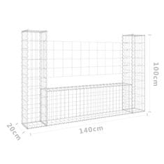 Vidaxl Gabion košara U-oblike z 2 stebroma železo 140x20x100 cm