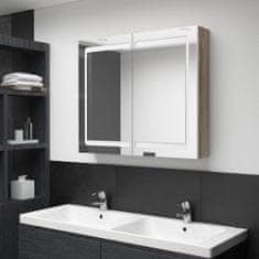 Greatstore LED kopalniška omarica z ogledalom bela in hrast 80x12x68 cm