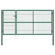 Greatstore Vrata za vrtno ograjo s stebrički 350x140 cm jeklo zelena