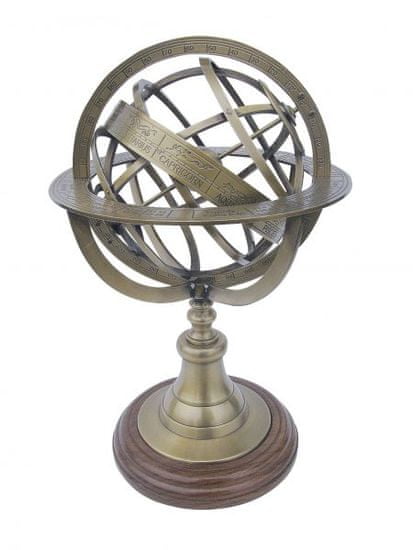 Bashan Nebesna krogla; armilarna sfera - starinska medenina na leseni podlagi, višina 29cm, premer 18,5cm