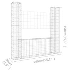 Vidaxl Gabion košara U-oblike z 2 stebroma železo 140x20x150 cm