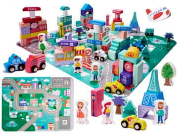 WOWO Poučne lesene kocke sestavljanke - Lesene poučne kocke sestavljanke - Mestne teme, 128 kosov