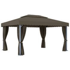 Vidaxl Paviljon z zaveso in lučkami 4x3 m taupe