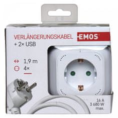 Emos P04219GU razdelilec in podaljšek, kocka, 4 vtičnice, 2 USB