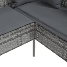 Greatstore Kavč L-oblike z z blazinami poli ratan siv