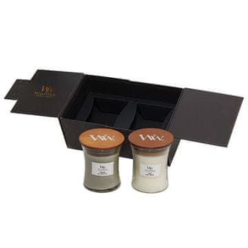 Woodwick darilni set, 2 x srednja sveča (2 x 275g), kamin in perilo