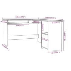 Vidaxl Kotna miza L-oblike siva 120x140x75 cm iverna plošča