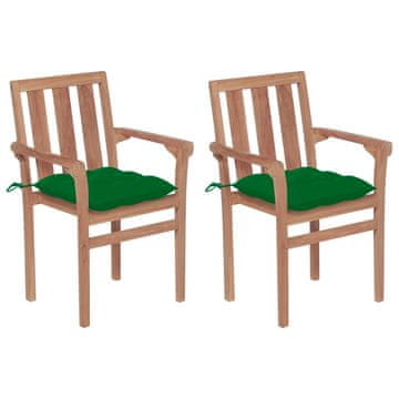 Vidaxl Vrtni stoli 2 kosa z zelenimi blazinami trdna tikovina