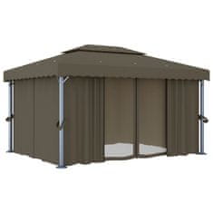 Vidaxl Paviljon z zaveso in lučkami 4x3 m taupe