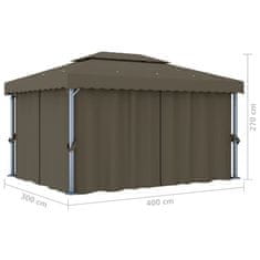 Vidaxl Paviljon z zaveso in lučkami 4x3 m taupe