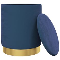 Greatstore Okrogel stolček s predalom za shranjevanje, modre barve, oblazinjen z žametom