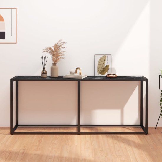 Vidaxl Konzolna mizica črn marmor 180x35x75,5 cm kaljeno steklo