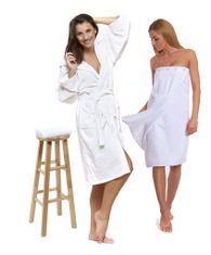 Interkontakt Komplet Bela: kopalni plašč s kapuco + ženski kilt za savno + kopalna brisača Kopalni plašč velikost L