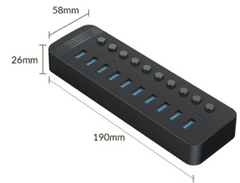Orico CT2U3-10AB USB hub, 10 vhodov, USB 3.0, s stikali, zunanje napajanje, črn (CT2U3-10AB-EU-BK-BP)