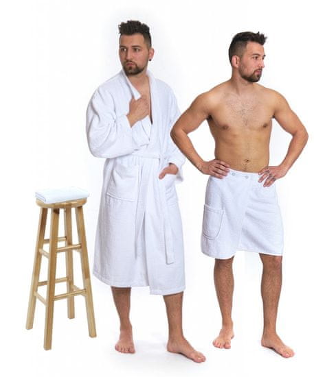 Interkontakt Komplet White: kopalni plašč KIMONO + moški kilt za savno + kopalna brisača