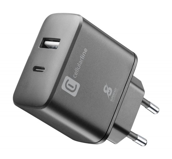 CellularLine Dual USB hišni polnilec USB + USB-C, 25 W, PD, črn (ACHSMUSB2PD25WK)