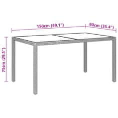 shumee Vrtna miza 150x90x75 cm kaljeno steklo in poli ratan siva