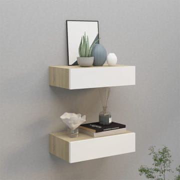 Vidaxl vidaXL Stenske police s predalom, 2 kosa, hrast in bela, 40x23,5x10 cm, MDF